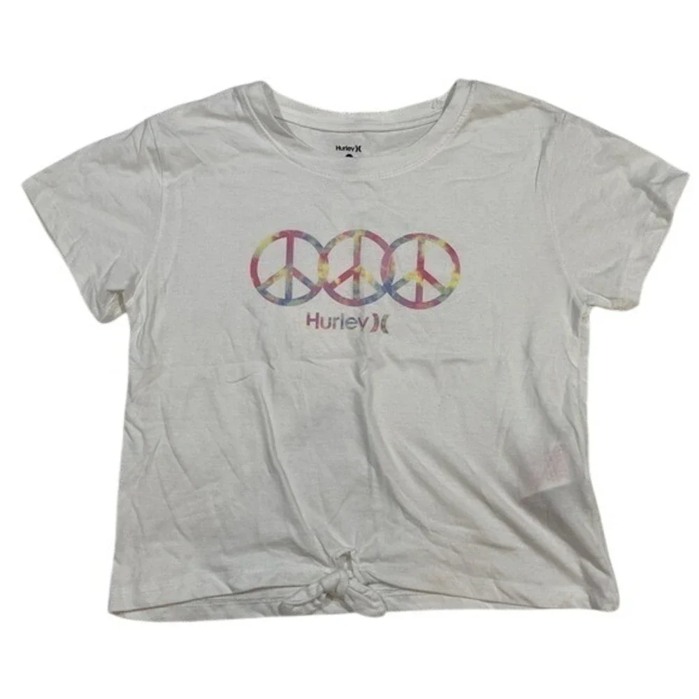 Hurley Girls L Graphic T-Shirt Peace Sign Logo‎ White Tee Summer Top
